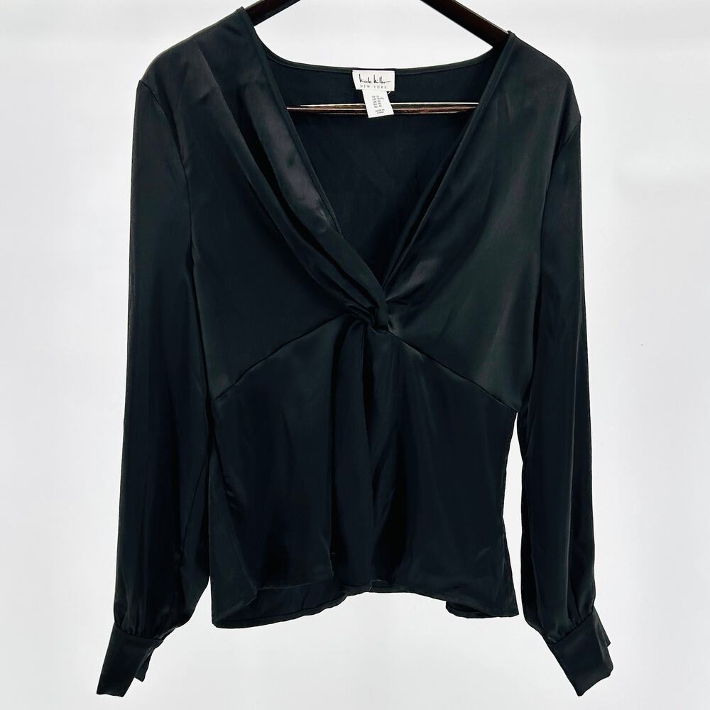 Nicole Miller Black Satin Minimal Draped Twist Front Blouse